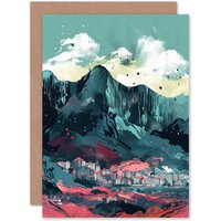 Artery8 Town Below Tall Mountain Cliffs Coral & Teal Travel Birthday Card