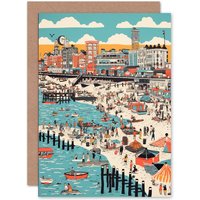Artery8 Brighton Beach Warm Summer Day Colourful Linocut Travel Birthday Card