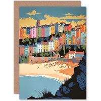Artery8 Tenby Castle Beach Coastal Town in Wales Linocut Travel Birthday Card