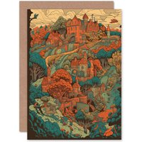 Artery8 Village in Forest Coral & Teal Blue Travel Birthday Card