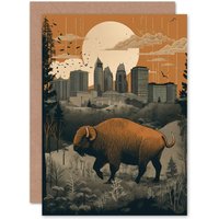 Artery8 Bison in Forest by Urban Cityscape Modern Linocut Travel Birthday Card