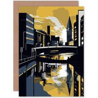 Artery8 Glasgow River Cityscape Sunrise Geometric Linocut Travel Birthday Card