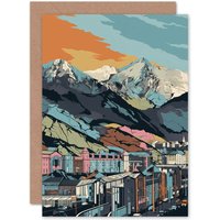 Artery8 Cityscape under Rocky Moutain Range Modern Linocut Travel Birthday Card