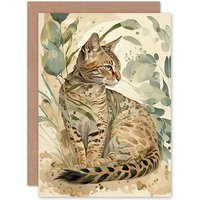 Artery8 Birthday Card Spotted Fur Coat Bengal Cat in Nature Pastel Watercolour Art Birthday