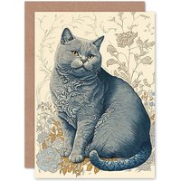 Artery8 Birthday Card William Morris Inspired Cat Portrait with Flowers Modern Art Birthday