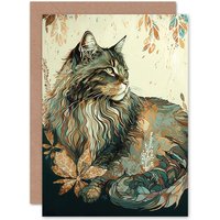 Artery8 Birthday Card Maine Coon Cat with Flower Pattern Modern Watercolour Art Birthday