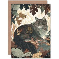 Artery8 Birthday Card Norwegian Forest Cat Resting Under Bush Trees Modern Art Birthday