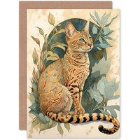 Artery8 Birthday Card Ocicat Cat with Teal Rosette Pattern Fur & Leafy Plants Watercolour Art Birthday