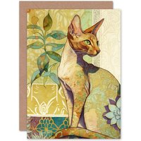 Artery8 Birthday Card Shorthair Cat with Art Nouveau Botanical Patterns Colourful Watercolour Art Birthday