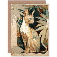 Artery8 Birthday Card Shorthair Cat Botanical Pattern Fur & Plants Modern Art Nouveau Watercolour Art Birthday