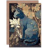 Artery8 Birthday Card Russian Blue Cat with Autumn Plants & Floral Pattern Fur Coat Modern Silkscreen Art Birthday