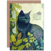 Artery8 Birthday Card Russian Blue Cat with Bright Ornate Plants Modern Art Nouveau Art Birthday