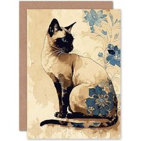 Artery8 Birthday Card Siamese Cat with Blue Flowers Watercolour & Ink Modern Art Birthday