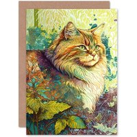 Artery8 Birthday Card Siberian Cat in Nature Vibrant Colourful Modern Portrait Art Birthday