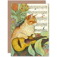 Artery8 Birthday Card Orange Tabby Cat with Guitar & Sheet Music in Floral Art Nouveau Pattern Art Birthday
