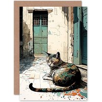 Artery8 Birthday Card Street Cat Sunbathing on Cobblestone Street Modern Art Birthday