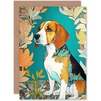 Artery8 Birthday Card Beagle Dog With Floral Frame & Ornate Fur Coat Colourful Modern Art Nouveau Art Birthday