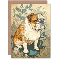 Artery8 Birthday Card Bulldog with Ornate Pattern Fur Coat in Flower Field Modern Watercolour Art Birthday