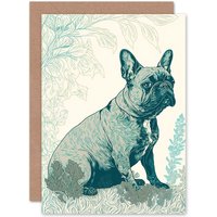 Artery8 Birthday Card French Bulldog Sitting in the Park Modern Monochrome Linocut Art Birthday