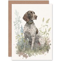 Artery8 Birthday Card German Pointer Dog Sitting in Field Modern Detailed Pastel Watercolour Art Birthday