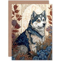 Artery8 Birthday Card Siberian Husky Dog in Autumn Flower Field Modern Art Nouveau Art Birthday