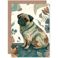 Artery8 Birthday Card Pug Dog with Floral Patterns Vintage Inspired Multicoloured Linocut Art Birthday