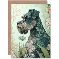 Artery8 Birthday Card Grey Schnauzer Dog with Floral Pattern Fur Coat in Flowers Modern Watercolour Art Birthday