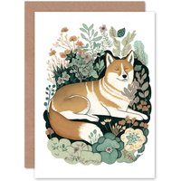 Artery8 Birthday Card Shiba Inu Dog Lying in Flower Field Modern Stylised Art Birthday