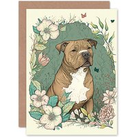 Artery8 Birthday Card Brown Staffordshire Bull Terrier Dog & Flowers Modern Pastel Boho Art Birthday