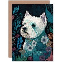 Artery8 Birthday Card West Highland White Terrier Dog in Flowers Dark Multicoloured Linocut Art Birthday