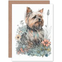 Artery8 Birthday Card Yorkshire Terrier Dog in Wildflowers Bright Watercolour Art Birthday