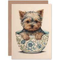 Artery8 Birthday Card Cute Teacup Yorkshire Terrier Dog in Floral Pattern Tea Cup Watercolour Art Birthday