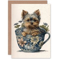 Artery8 Birthday Card Cute Teacup Yorkshire Terrier Dog & Flowers in Floral Tea Cup Modern Watercolour Art Birthday