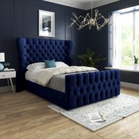 KDMD Parma Wide Curved Winged Upholstered Soft Velvet Blue Bed Frame | Size: Small Double