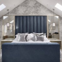HOB Furniture Janie Linear Design TV Bed with Mirrored Headboard (72"H) in Blue | Size: King