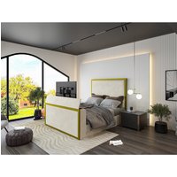 HOB Furniture Washington Metal Tv Bed, Luxury French Velvet, Cream/Gold in Off-White | Size: Double