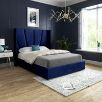 Casani Bellini Wide Curved Winged Upholstered Soft Velvet Bed Frame in Blue | Size: Small Double