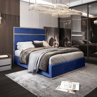 Casani Bentley Upholstered Soft Velvet Metal Bed Frame in Blue | Size: Small Double
