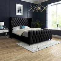 Casani Donati Straight Curved Top Upholstered Soft Velvet Bed Frame in Black | Size: Double
