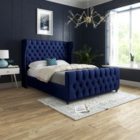 Casani Donati Straight Curved Top Upholstered Soft Velvet Bed Frame in Blue | Size: Super King
