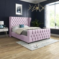 Casani Donati Straight Curved Top Upholstered Soft Velvet Bed Frame in Pink | Size: Small Double