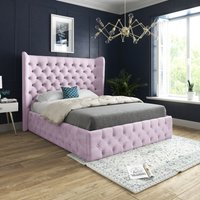 Casani Florence Wide Winged Upholstered Soft Velvet Bed Frame in Pink | Size: King