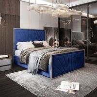 Casani Roxy Upholstered Soft Velvet Metal Bed Frame in Blue | Size: Small Double