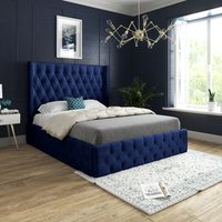 Casani Turin Straight Winged Upholstered Soft Velvet Bed Frame in Blue | Size: Double