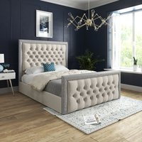 Casani Venice Glitter Border Upholstered Soft Velvet Bed Frame in Cream | Size: Double