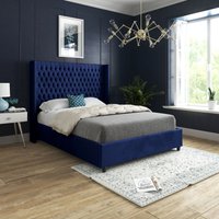 Casani Volta Straight Winged Upholstered Soft Velvet Bed Frame in Blue | Size: King