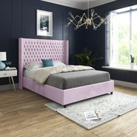 Casani Volta Straight Winged Upholstered Soft Velvet Bed Frame in Pink | Size: Small Single