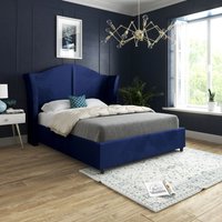 Casani Zampa Curved Top Curved Winged Upholstered Soft Velvet Bed Frame in Blue | Size: Double