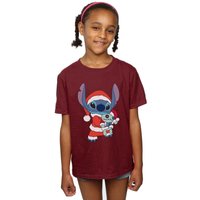 Disney Girl's Lilo & Stitch Stitch Christmas Cotton T-Shirt in Burgundy | Size: 5-6 Years