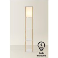 ValueLights Struttura Wooden Shelving Floor Lamp with Fabric Shade & LED Bulb in Light Oak